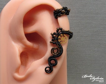 steampunk cartilage ear cuff in bronze and black, small no piercing ear wrap for her, handmade jewelry