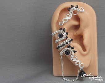 black onyx ear wrap with chain, wire wrapped ear cuff no piercing, black and silver gothic jewelry for her