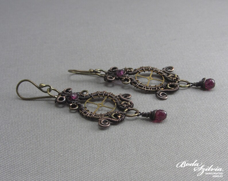 garnet steampunk earrings steampunk gift fot her wire wrapped gemstone earrings elegant steampunk jewelry birthstone jewelry