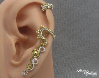 manchette d'oreille cartilage steampunk en argent et laiton, manchette d'oreille ajustable sans piercing, bijoux steampunk, faux piercing
