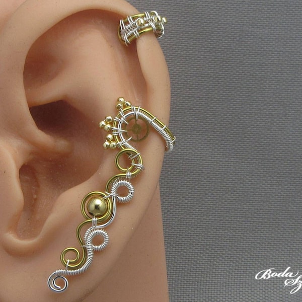 steampunk cartilage ear cuff in silver and brass, adjustable no piercing ear cuff, steampunk jewelry, fake piercing