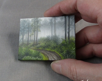 Foggy forest road original miniature oil painting, artwork for one inch scale dollhouse, collectible tiny landscape painting