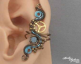 Teal Steampunk Ear Cuff: Wire Wrapped Crystal, No Piercing Cosplay Ear Wrap