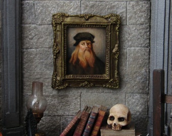 Leonardo da Vinci Portrait Original Miniatur gerahmtes Acrylgemälde, Kunstwerk für Puppenhaus im Maßstab 1 Zoll, kleines Sammlergemälde