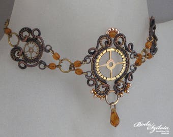steampunk choker necklace with crystals, copper and brass steampunk jewelry, gift for her