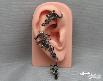 green crystal ear wrap in dark copper, handmade cottagecore jewelry for her, no piercing ear cuff