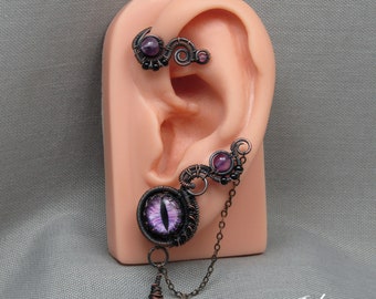 Amethyst Drachenauge Ohr Wrap mit lila Edelstein, keine Piercing Ohrmanschette mit Kette in dunklem Kupfer, Draht umwickelt Cosplay Schmuck für Sie