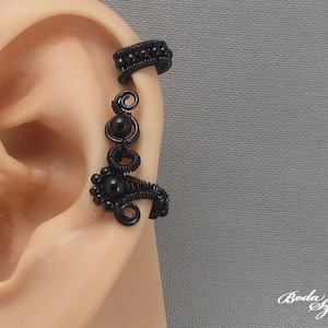 gothic cartilage ear cuff with black onyx, small black ear wrap,wire wrapped jewelry for her