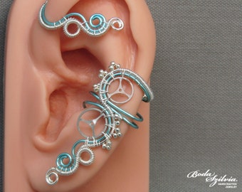 steampunk ear wrap, no piercing ear cuff with crystal, steampunk jewelry in silver and blue, gift for her