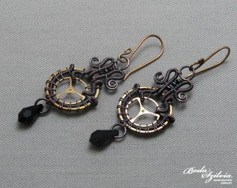 steampunk earrings with black crystals, dark copper and brass wire wrapped steampunk jewelry, gift for her