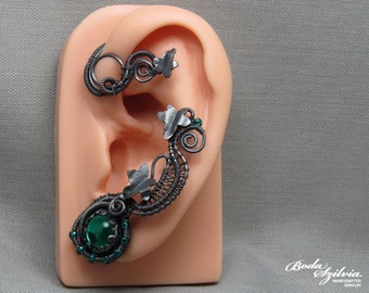 ivy vine ear wrap in dark copper with a green stone, no piercing dark academia ear cuff, gothic jewelry for her