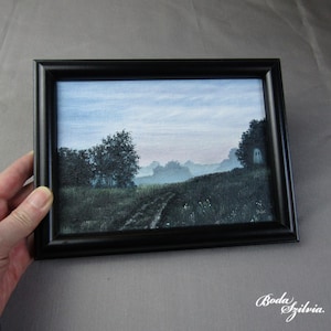Ghostly Morning Field Small Framed Oil Painting: Gothic Art, Halloween Home Decor