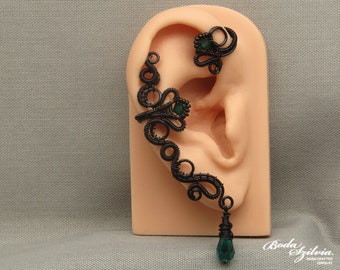 emerald no piercing ear cuff with crystals, gothic ear wrap with dangle, wire wrapped  handmade jewelry for her
