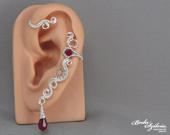 silver steampunk ear wrap with crystals,  wire wrapped ear cuff with dangle, handmade jewelry for her