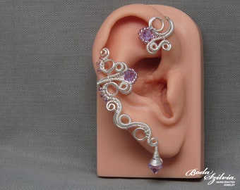 Violette Elfen Ohrmanschette mit Kristallen, handgemachter Elfen Ohrschmuck für Sie