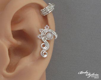 small moonstone cartilage ear cuff, wire wrapped no piercing ear wrap with gemstone, wedding jewelry for bride
