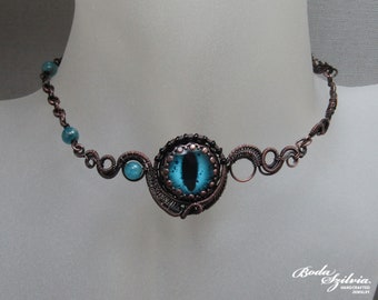 Drachenauge Choker in türkis und kupfer, Augenkette mit grün-blauem Apatit, Cosplay Schmuck für sie