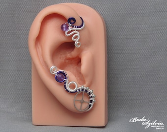 Wrap d'oreille steampunk améthyste sans piercing, bijou d'oreille steampunk argenté et violet avec pierre précieuse, bijoux enveloppés de fil de fer pour elle