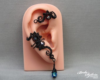 black gothic ear wrap with crystals, no piercing ear cuff with dangle, handmade jewelry for women