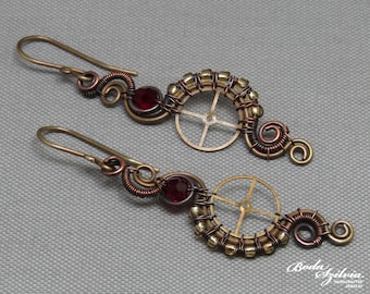 elegant steampunk earrings with red crystals, wire wrapped cosplay jewelry for her