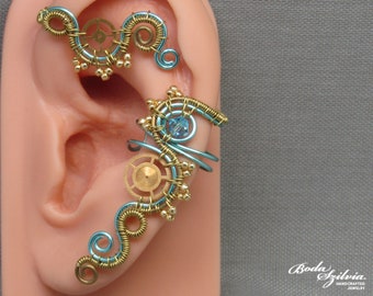 steampunk ear wrap, no piercing ear cuff with crystal, steampunk jewelry, gift for her