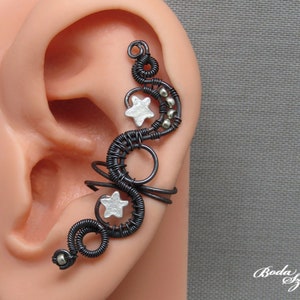 celestial whimsygoth ear cuff with silver stars, no piercing ear cuff with in copper, handmade jewelry for her