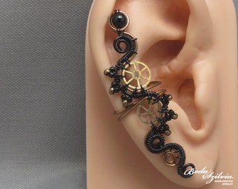 Steampunk Ear Cuff: Bronze Wire Wrap with Black Onyx & Gears