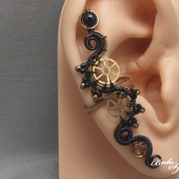 bronze and black steampunk ear cuff with black onyx, wire wrapped steampunk ear wrap with gears, steampunk gift for her