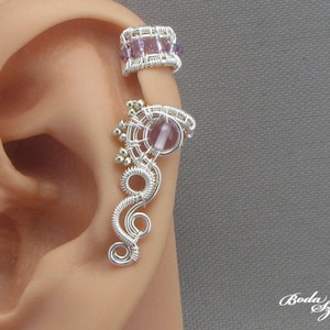 small silver cartilage ear cuff with amethyst, small no piercing ear wrap, wire wrapped February birthstone jewelry, birthday gift for her