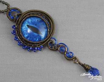 wire wrapped blue dragon eye necklace, gothic bronze eye pendant with a crystal, cosplay jewelry