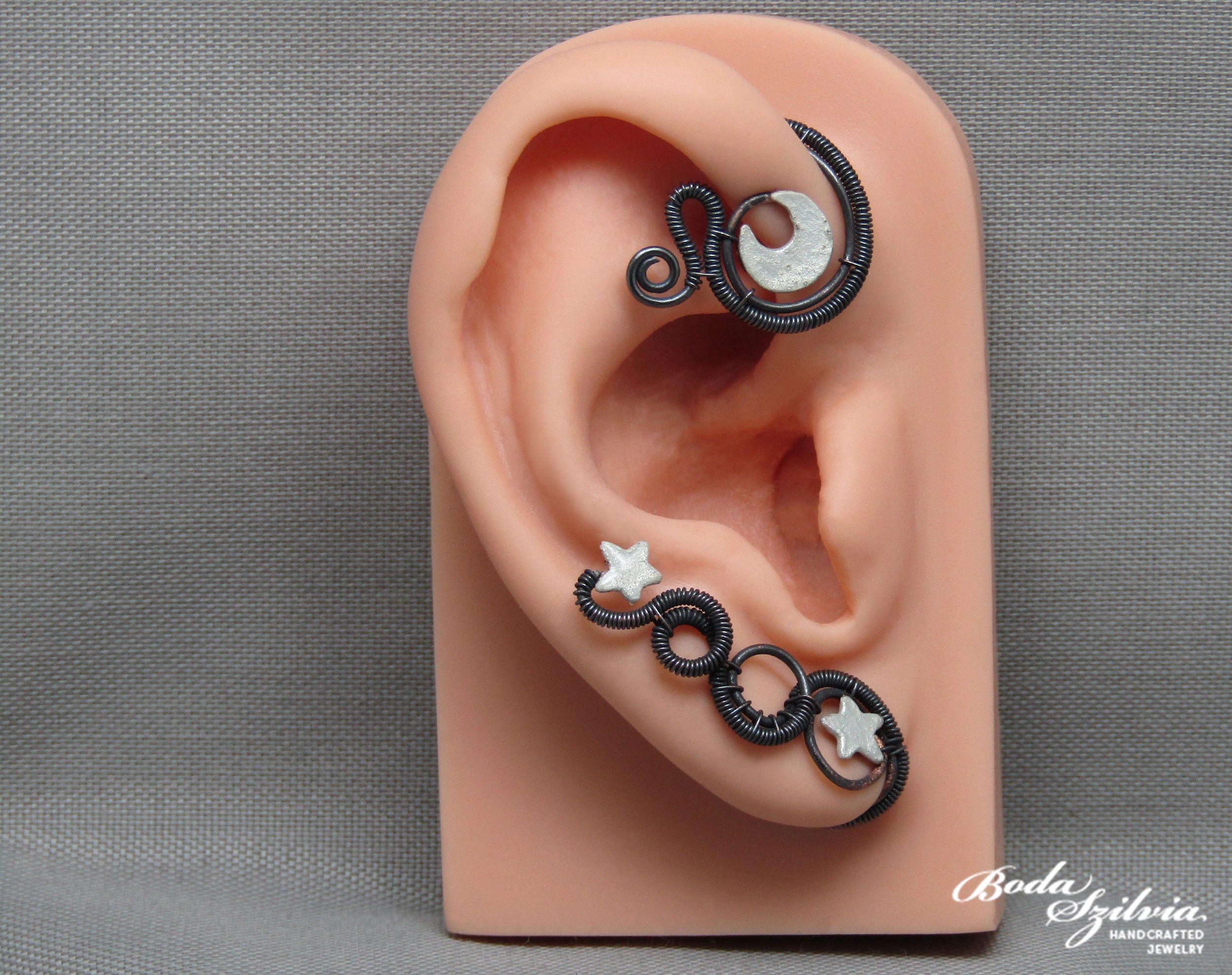 celestial no piercing ear wrap, whimsy goth ear cuff with moon and stars, handmade copper jewelry for her