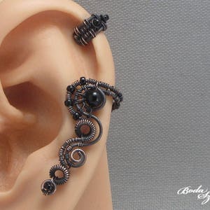 copper cartilage ear cuff with black onyx, no piercing ear cuff, gothic jewelry