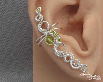 wire wrapped silver ear cuff with peridot gemstone and beads, anniversary gift, August birthstone jewelry for women