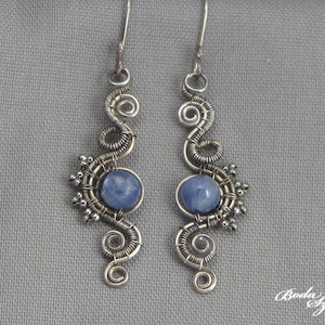 blue kyanite earrings, wire wrapped silver dangle earrings, gemstone jewelry for her