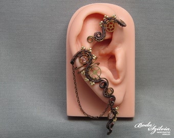 steampunk crystal ear wrap in copper and brass, no piercing ear cuff with chain, wire wrapped handmade jewelry for her