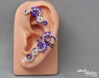 no piercing amethyst ear wrap, wire wrapped elegant ear cuff in silver and purple, handcrafted jewelry, February birthstone gift for her
