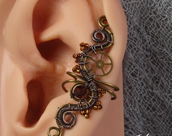 Steampunk Ear Cuff: Wire Wrapped Brass, Copper, and Crystal No Piercing Jewelry