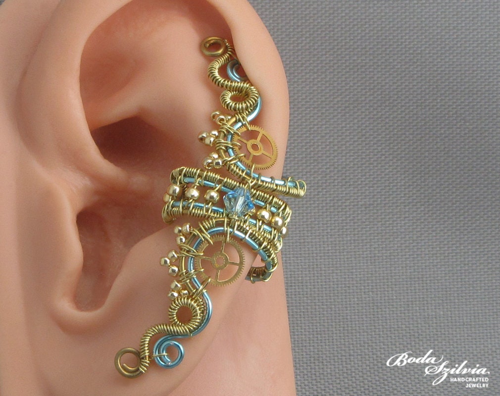 Blue And Brass Steampunk Ear Cuff: Wire Wrapped Crystal, No Piercing
