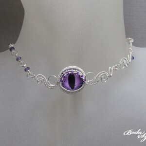 Dragon eye choker, crystal necklace, silver and purple cosplay jewelry for her