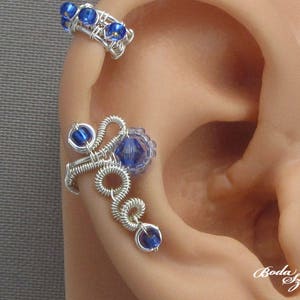 cartilage ear cuff with crystal, small no piercing ear wrap in silver and blue, wire wrapped jewelry for her