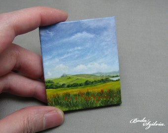 spring hills original miniature oil painting, artwork for one inch scale dollhouse, collectible tiny landscape painting