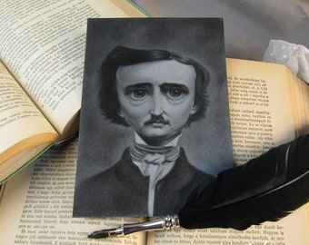 Edgar Allan Poe Porträt original Kohle und Pastell Zeichnung auf getöntem Papier, Halloween Kunstwerk, dunkle Wissenschaft Wohnkultur 5 * 7 Zoll