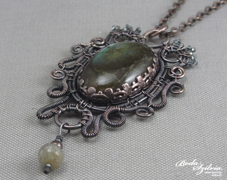 green copper and labradorite necklace gothic gift for her gold labradorite pendant /'Ophelia/' copper pendant elegant gothic jewelry