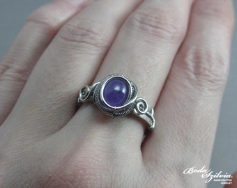 wire wrapped silver ring with gemstone, stainless steel ring with tanzanite, December birthstone jewelry for sagittarius women, size 6 1/2
