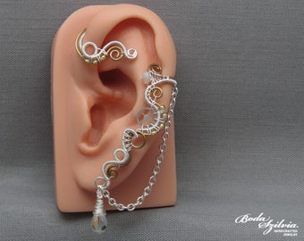 steampunk ear wrap with crystals,  wire wrapped ear cuff with chain, silver and brass handmade jewelry for her