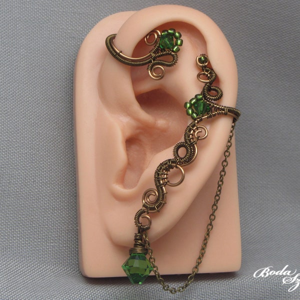 green crystal ear wrap with chain, wire wrapped victorian ear cuff no piercing, elegant crystal jewelry,  gift for her