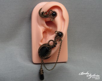 bronze ear wrap with black onyx, no piercing gemstone ear cuff with chain, gothic jewelry for her