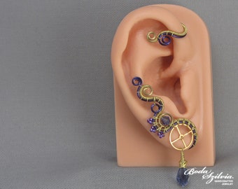 Kristall Steampunk Ohrmanschette ohne Piercing, gold und violette Ohrmanschette mit Anhänger, Draht gewickelter Schmuck