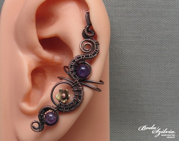 Flower Ear Cuff With Purple Amethyst Nature Inspired Copper and