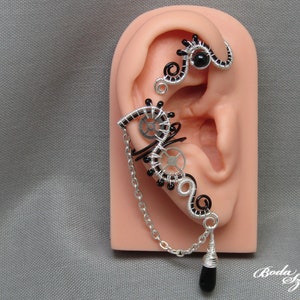 silver and black steampunk ear wrap with black onyx, no piercing ear cuff with chain, steampunk jewelry, gift for her